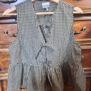 Ganni Black and White Peplum Blouse with Tie Front